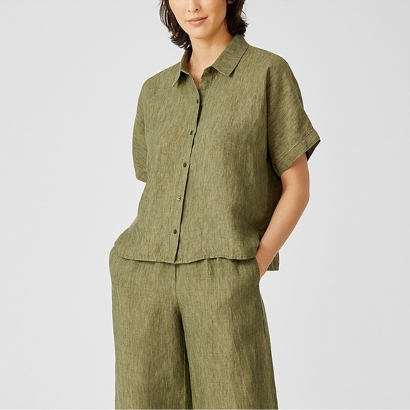 Eileen Fisher Washed Organic Linen Delave Short-Sleeve Shirt Green Sz Medium - Picture 2 of 7